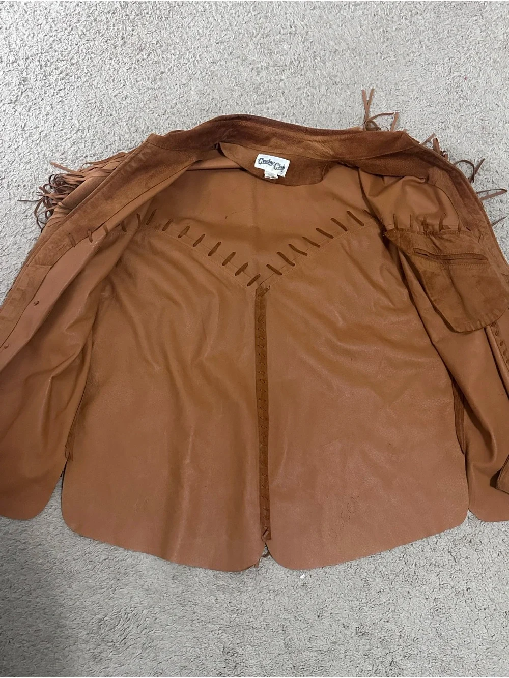 Vintage Cowboy Club brown leather fringe with western boho hippie jacket XXL